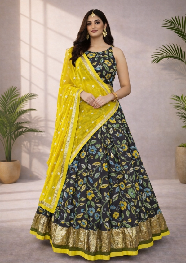 Black Kalamkari Lampi Border Lehenga